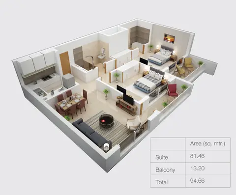 Genesis Residences: Floor plan 2 Bedroom - Size 94.66 sqm., 95 sq ft