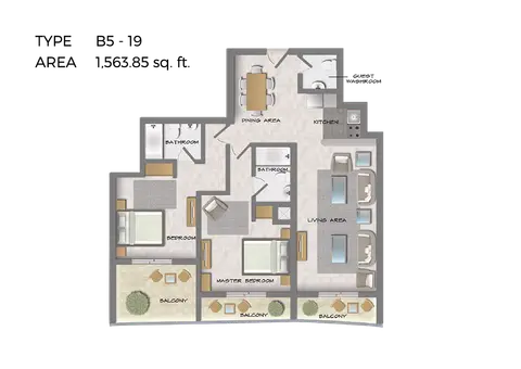 هيرا تاور: مخطط الطابق 2 Bedroom B5-19, Size 1563 Sq Ft, 1,563 sq ft