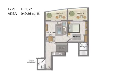 هيرا تاور: مخطط الطابق 1 Bedroom Type C-1, 23, Size 949 Sq Ft, 949 sq ft