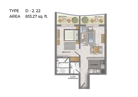 هيرا تاور: مخطط الطابق 1 Bedroom Type D-2, 22, Size 833 Sq Ft, 833 sq ft