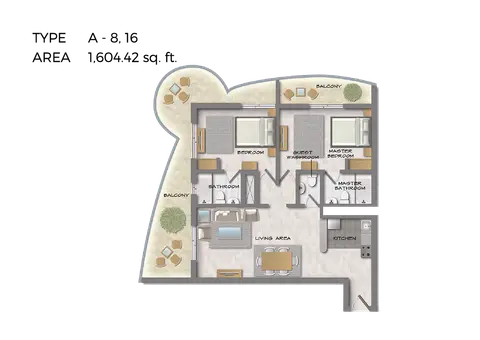 هيرا تاور: مخطط الطابق 2 Bedroom Type A-8,16, Size 1604 Sq Ft, 1,604 sq ft