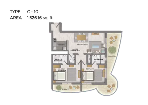 هيرا تاور: مخطط الطابق 2 Bedroom Type C-10, Size 1526 Sq Ft, 1,526 sq ft