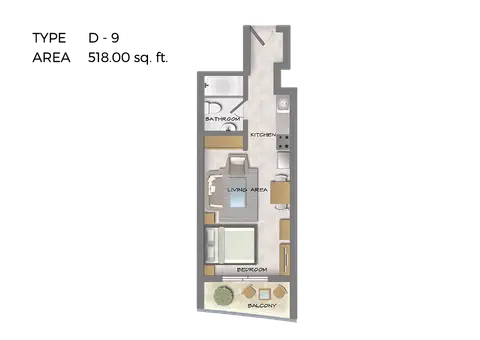 هيرا تاور: مخطط الطابق Studio Type D-9, Size 518 Sq Ft, 518 sq ft