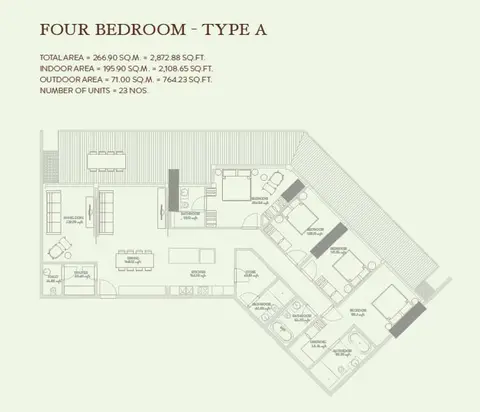 Zaya Hameni: Планировка 4 Bedroom Type A Size 2872.88 sq.ft, 2,873 sq ft