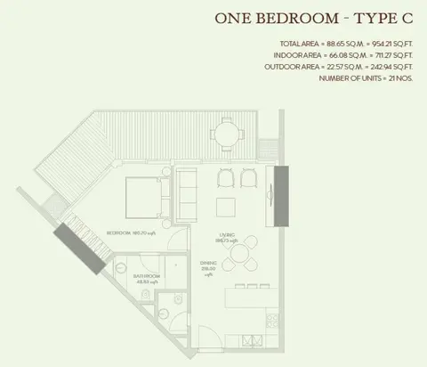 Zaya Hameni: Планировка 1 Bedroom Type B 1 Size 954.21 sqft, 954 sq ft