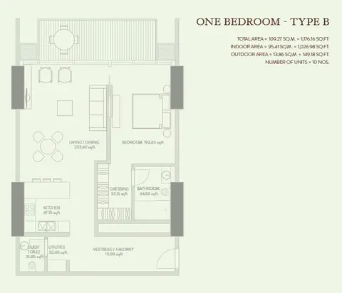 Zaya Hameni: Планировка 1 Bedroom Type B Size 1176.16 sqft, 1,176 sq ft