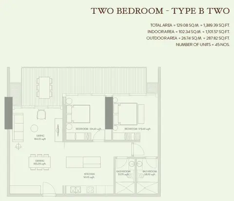 Zaya Hameni: Планировка 2 Bedroom Type B 2 Size 1389.39 sq.ft, 1,389 sq ft