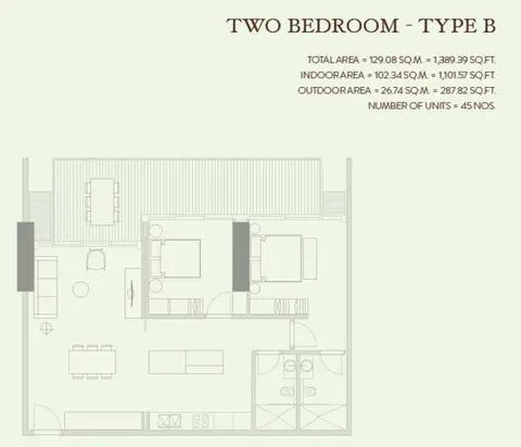 Zaya Hameni: Планировка 2 Bedroom Type B Size 1389.39 sq.ft, 1,389 sq ft