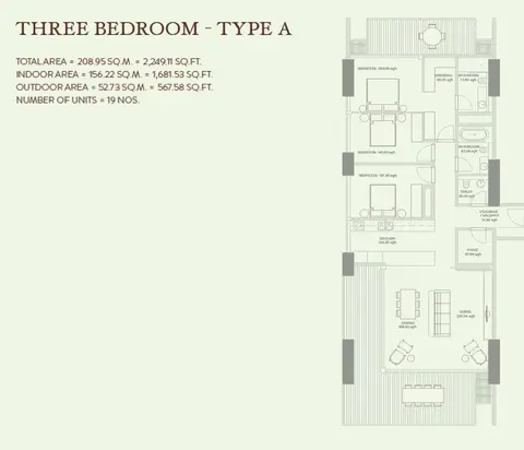 Zaya Hameni: Планировка 3 Bedroom Type A Size 2249.11 sq.ft, 2,249 sq ft