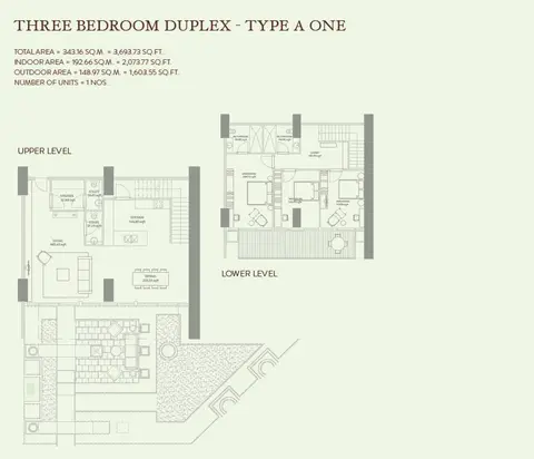 Zaya Hameni: Планировка 3 Bedroom Duplex type A 1 Size 3693.73 sq.ft, 3,694 sq ft