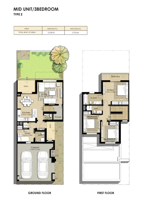 Naseem Townhouses: Plattegrond 3 Bedroom Type 2, Size 2153.64 sq ft, 2,154 sq ft