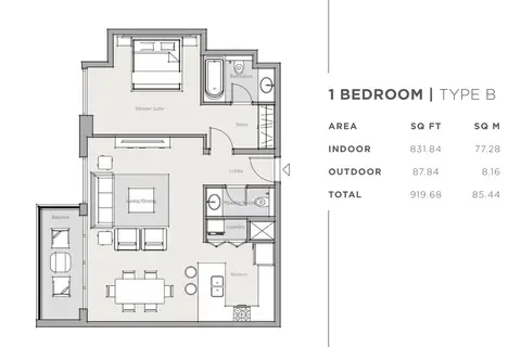 Park One Apartments: Floor plan 1 bed-Type-B, 920 sq ft
