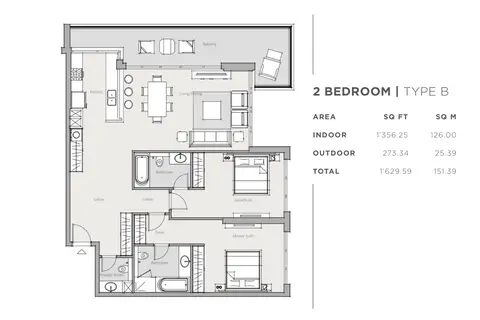 Park One Apartments: Floor plan 2 Bed-type-B, 1,630 sq ft