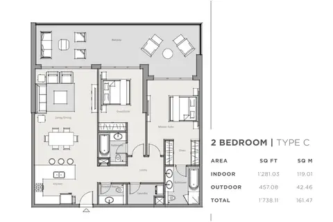 Park One Apartments: Floor plan 2 Bed-Type-C, 1,738 sq ft