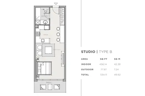 Park One Apartments: Floor plan Studio-Type-B, 534 sq ft