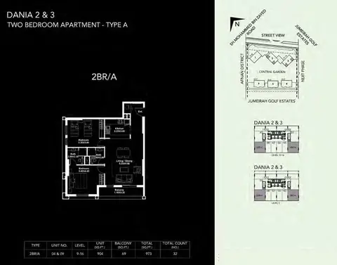 ميدتاون دانيا ديستريكت: مخطط الطابق Two-BDR-Type-A, 973 sq ft