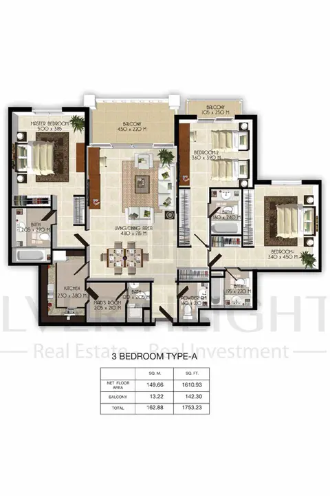 سنشوريون ريزيدنسز: مخطط الطابق 3 Bedroom-Total-Area-1753.23-Sq.Ft, 1,753 sq ft