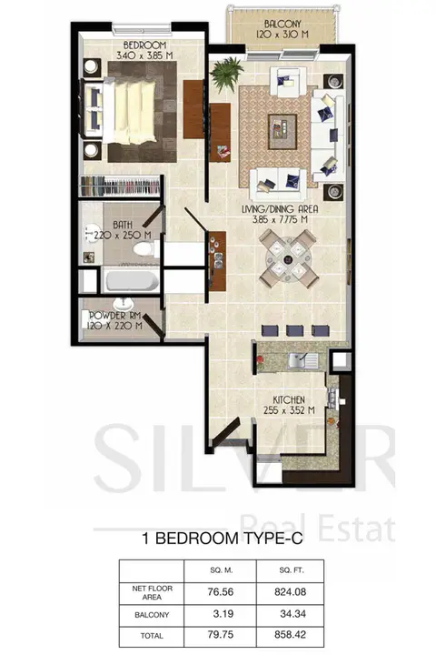 سنشوريون ريزيدنسز: مخطط الطابق 1 Bedroom-Total-Area-858.42 sq.ft, 858 sq ft