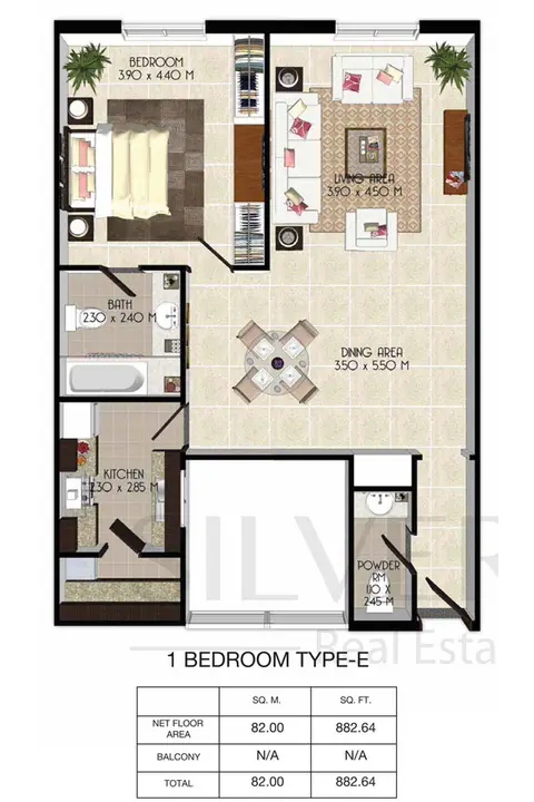 سنشوريون ريزيدنسز: مخطط الطابق 1 Bedroom-Total-Area-882.64-Sq.Ft, 883 sq ft