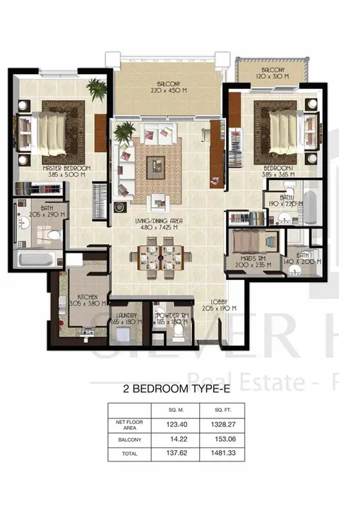 سنشوريون ريزيدنسز: مخطط الطابق 2 Bedroom-Total-Area-1481.33-Sq.Ft, 1,481 sq ft