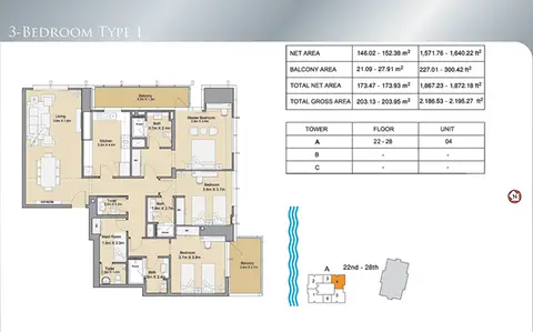 Sparkle Towers: Floor plan 3 Bdr-Type 1-2195.27 sqft., 2,195 sq ft