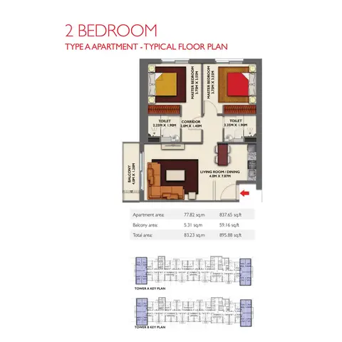 Dragon Towers: Floor plan 2 Bedroom -Type A, Size 895.88-sqft, 896 sq ft