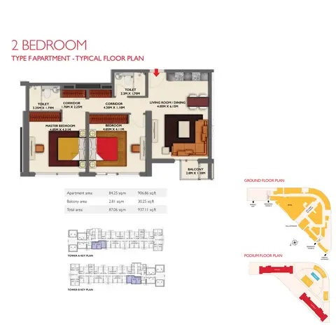 Dragon Towers: Floor plan 2 Bedroom -Type F, Size 937.11-sqft, 937 sq ft