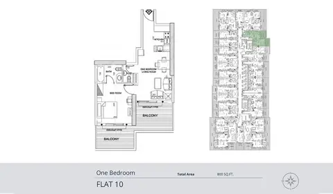 Elite Business Bay: Планировка 1-Bed-Flat-10, 800 sq ft