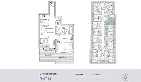 Elite Business Bay: Планировка 1-Bed-Flat-11, 820 sq ft