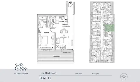 Elite Business Bay: Планировка 1-Bed-Flat-12, 860 sq ft