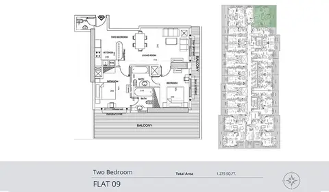 Elite Business Bay: Планировка 2 Bed-Flat-9, 1,275 sq ft