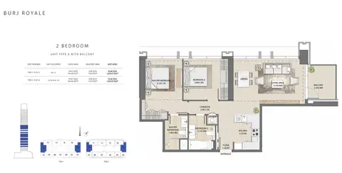 Burj Royale: 2 Bedroom Type A, Size 1038.50 sq ft, 1,039 sq ft 户型图