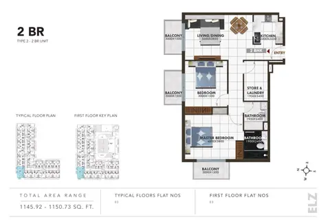 Elz Residence at Arjan: 2 Bedroom Type 2, Size 1145.92 - 1150.73 Sq.ft., 1,151 sq ft 户型图
