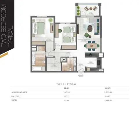 Hyati Avenue: Floor plan 2 Bedroom, 1,195 sq ft