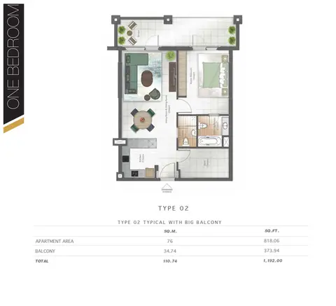 Hyati Avenue: Floor plan 1 Bedroom, 1,192 sq ft