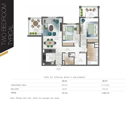 Hyati Avenue: Floor plan 2 Bedroom, 1,287 sq ft