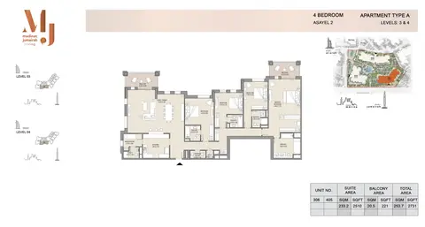 Asayel Apartments at MJL: Building 2, 3 Bed Type A Level 3 to 4, Size 2731 Sq Ft, 2,731 sq ft 户型图