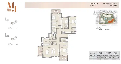 Asayel Apartments at MJL: Building 2, 4 Bed Type G Level 3 to 4, Size 3076 Sq Ft, 3,076 sq ft 户型图