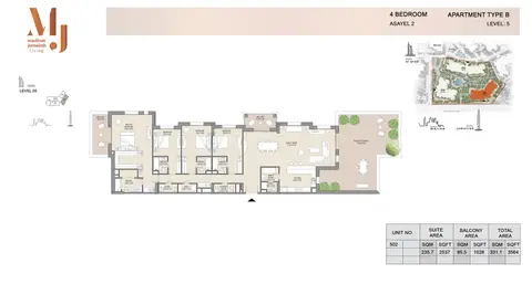 Asayel Apartments at MJL: Building 2, 4 Bed Type B Level 5, Size 3564 Sq Ft, 3,564 sq ft 户型图