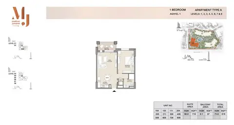 Asayel Apartments at MJL: 1 Bedroom Type A, Level 1 to 8, Size 816 Sq Ft, 816 sq ft 户型图
