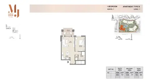Asayel Apartments at MJL: 1 Bedroom Type B, Level 1, Size 854 Sq Ft, 854 sq ft 户型图