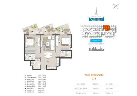 Binghatti Gateway: Floor plan Type 211, 1,044 sq ft
