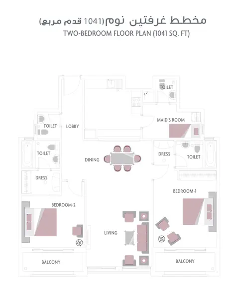 Canal Residence: Планировка TWO-BDR-FL-PL1041,SQ,FT, 1,041 sq ft
