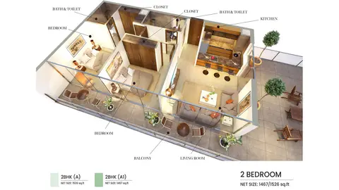 Samana Hills: फ़्लोर प्लान 2 Bedroom Type A1, A, Size 1526 Sq Ft, 1,526 sq ft