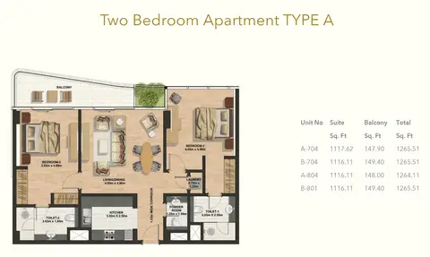 Gemini Splendor: Floor plan 2 Bedroom -Type-A, 1,266 sq ft