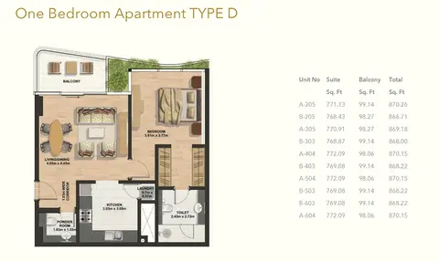 Gemini Splendor: Floor plan 1 Bedroom -Type-D, 870 sq ft