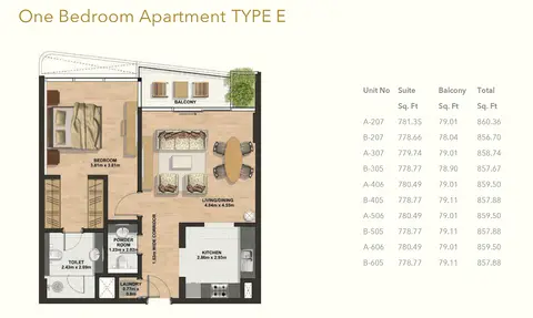 Gemini Splendor: Floor plan 1 Bedroom -Type-E, 860 sq ft