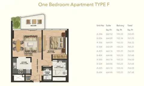 Gemini Splendor: Floor plan 1 Bedroom -Type-F, 768 sq ft