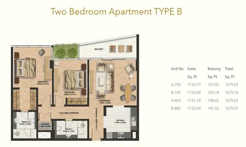 Gemini Splendor: Floor plan 2 Bedroom -Type-B, 1,280 sq ft