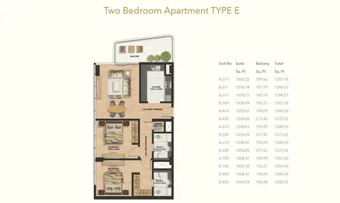 Gemini Splendor: Floor plan 2 Bedroom -Type-E, 1,276 sq ft